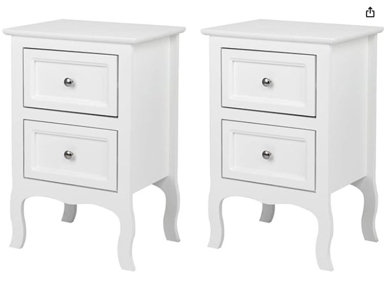 Set of two white nightstands. Farmhouse end side table chest with two drawers for bedroom, living room, or office.